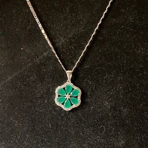 Elegant Emerald Green Flower w/ CZ’s Pendant Necklace 18” Chain